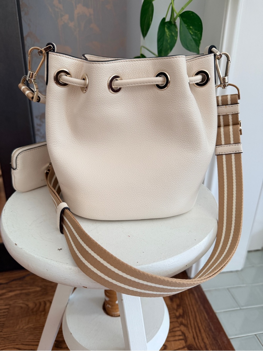 kate spade Cream Pebbled Leather Mini Drawstring Bucket Bag with Coin Pouch - Picture 2 of 4